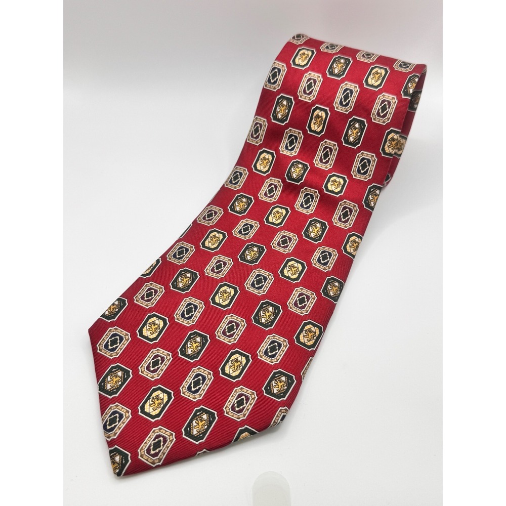 Tommy Hilfiger Necktie 100%‎ Silk Red Geometric Lion Print Business Career
